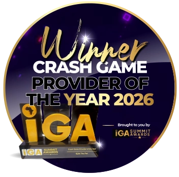iGA Summit Awards badge showing Crash Game Provider of the Year 2026 winner on a gold and purple circular design